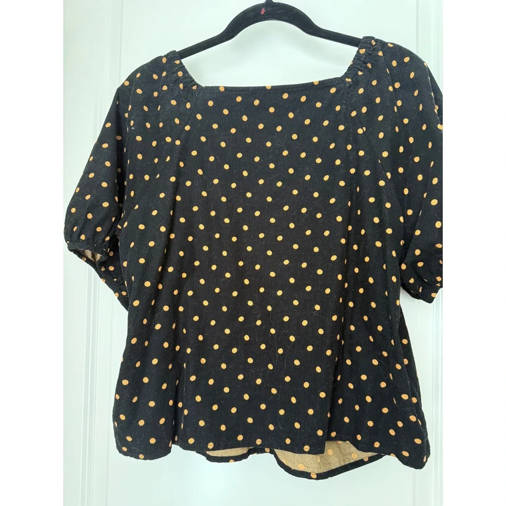 Madewell Womens Black Polka Dot Corduroy Wrap Top Puff Sleeve Size L